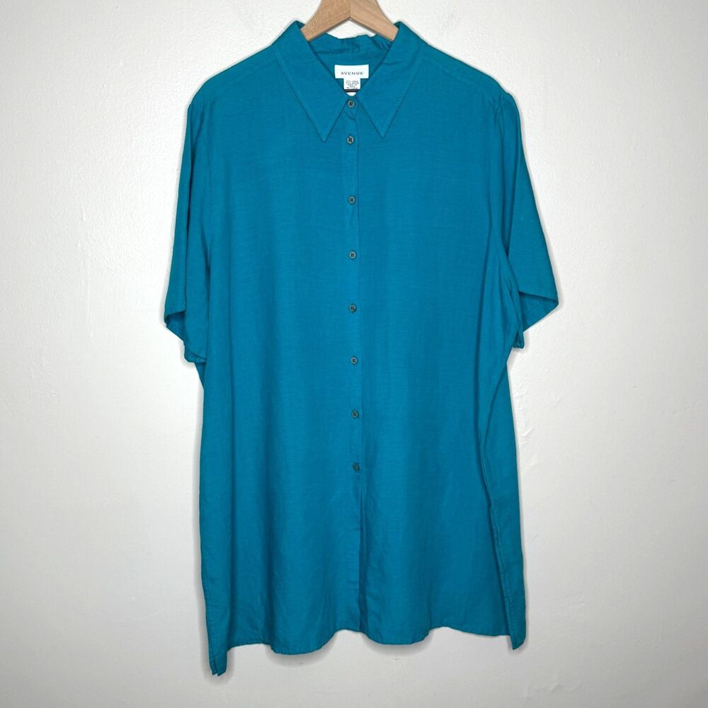 Avenue NWT Womens Linen Blend Button Up Shirt 22/24 Blue Resort Vacation Casual